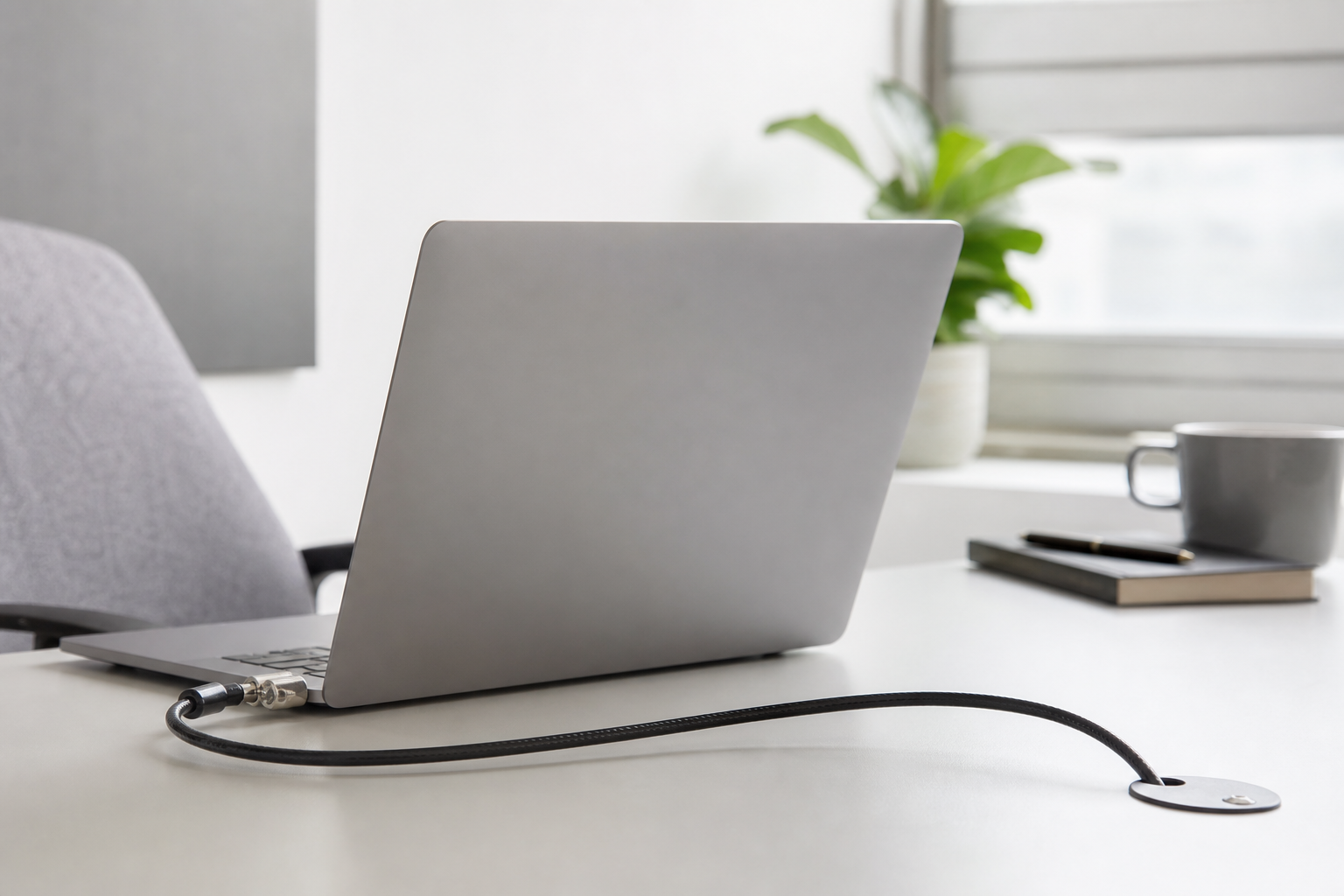 Laptop secured with a cable lock on an office desk