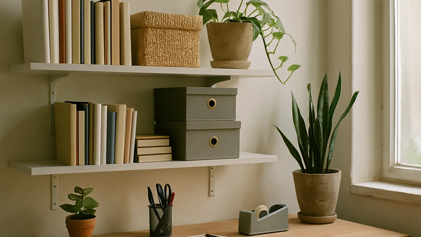 Display Without Clutter office floating shelf scene