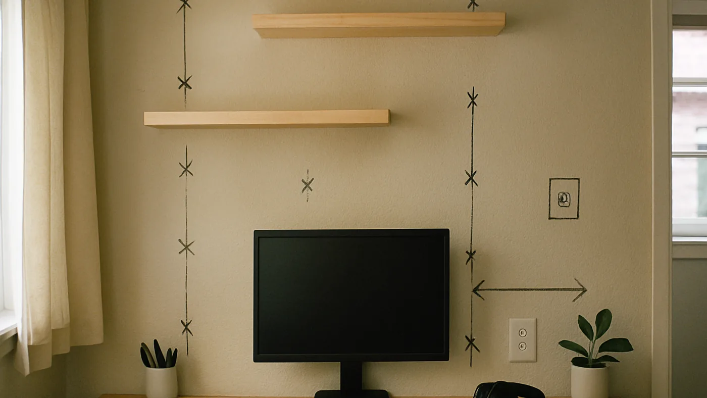 Stud Layout Before Shelves office floating shelf scene