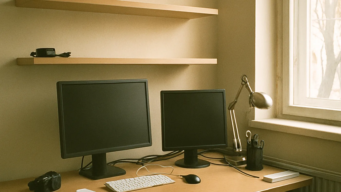 Shelves Around Cables and Tech office floating shelf scene