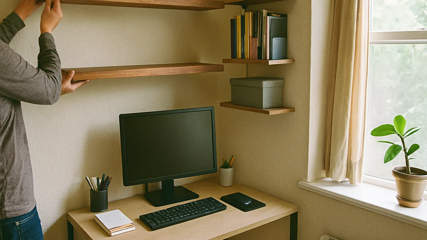 floating shelves above a lived-in home office desk