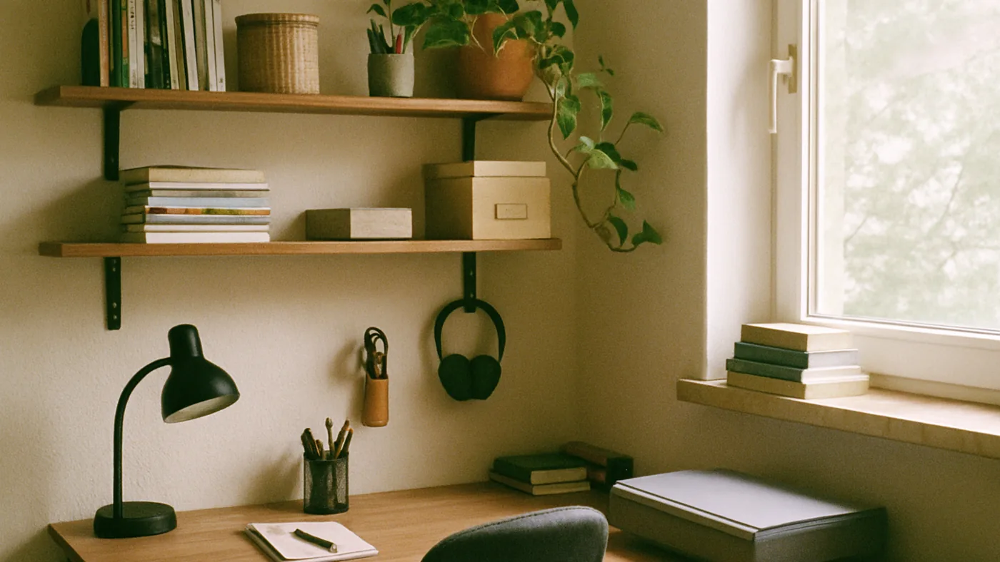 Small Office Wall Storage office floating shelf scene
