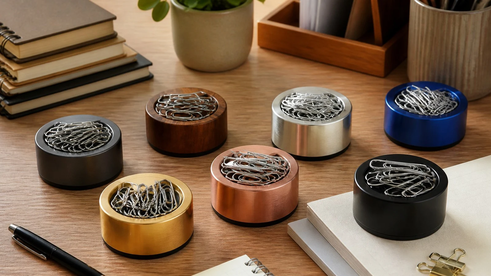 Desktop magnetic paper clip holder style desk station with paper clips and organized office tools